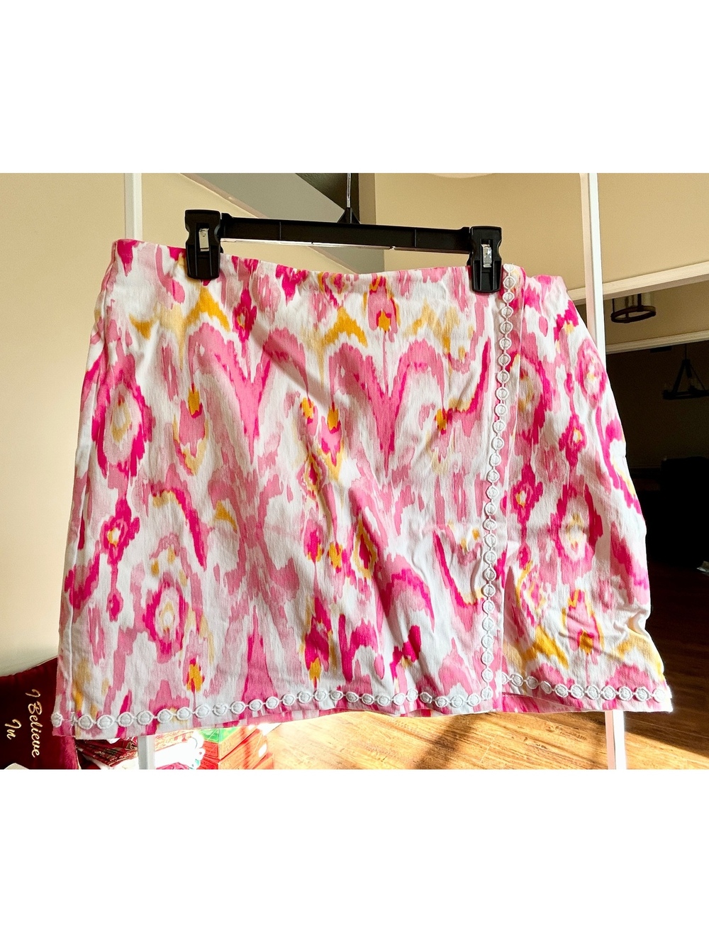 Crown & Ivy Women's Size 14 Pink and Yellow Ikat Print Skirt with White Trim